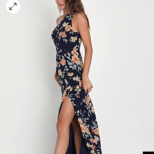Elegant Admiration Navy Blue Floral One-Shoulder Maxi Dress